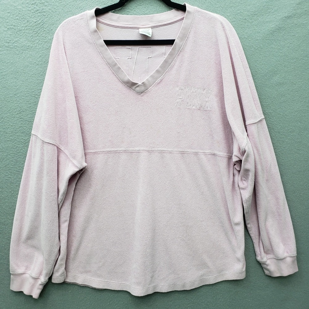 PINK Victoria's Secret VNeck Terry Pullover Pastel Pink Loungewear Relaxed Fit L